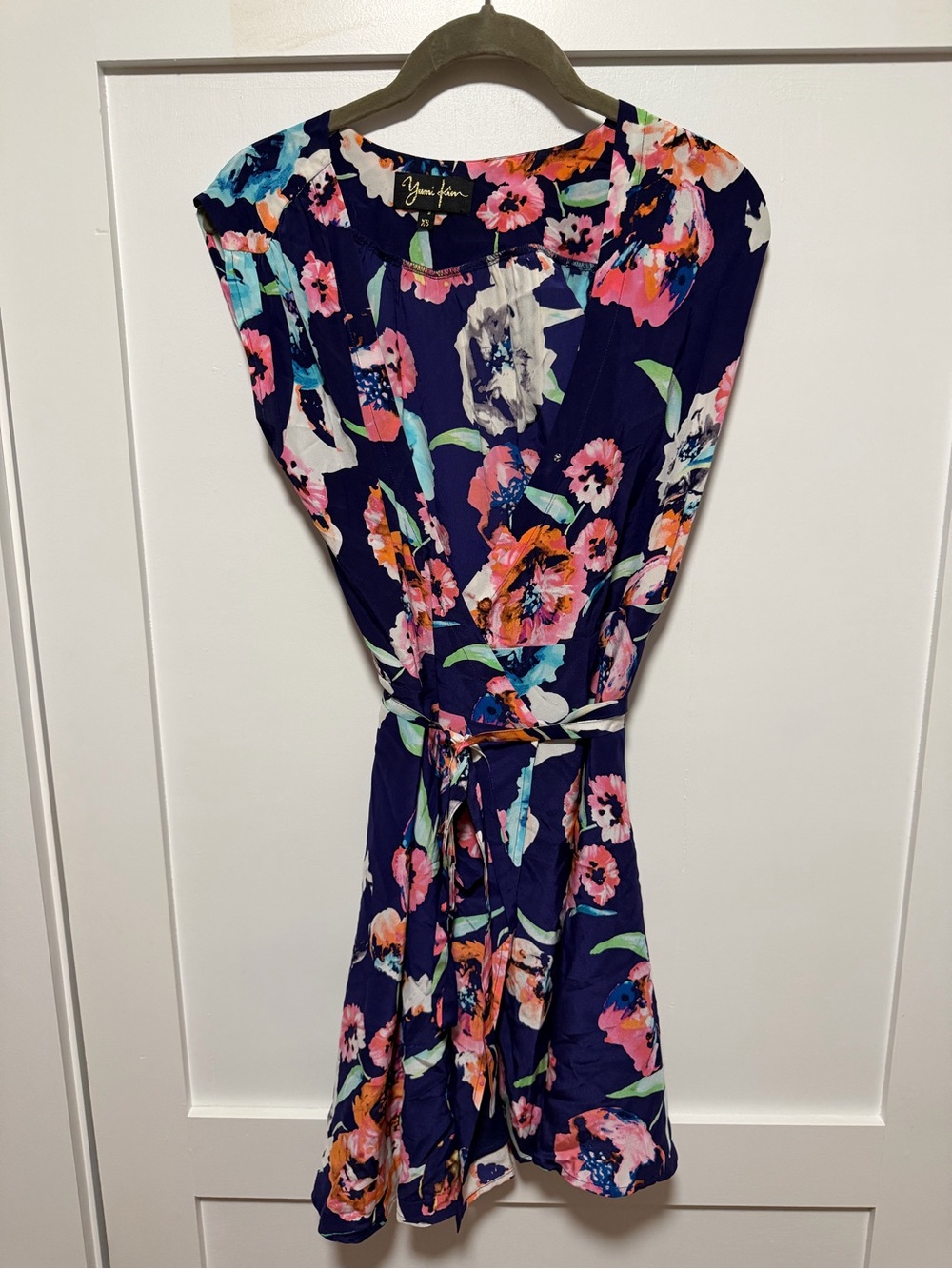 Yumi Kim Navy Floral Tie-Waist Mini Dress with Pink & Aqua Blooms